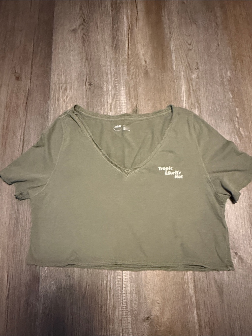 aerie Olive V-Neck Cropped Tee with Small Chest Graphic